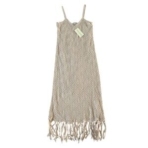 Emma & Posh‎ Tan Crochet Fringe Midi Dress Boho Geometric Knit Beige Medium NWT